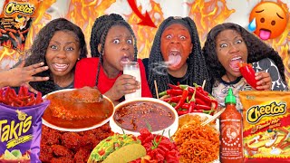 LAST TO STOP EATING SPICY FOOD + NO REACTION CHALLENGE!!