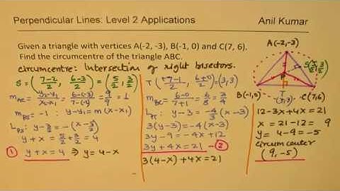 Find circumcentre of the triangle with vertices at A(-2, -3), B(-1, 0) and C(7, 6)