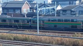 JR東日本E233系3000番台宮ヤマU627編成+後期横コツE-53編成混結編成2841Y湘南新宿ライン・東海道線直通新宿経由快速平塚行き通過鉄道博物館にて