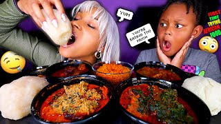 First Time Trying African Food Mukbang Fufu Egusi Soup Efo Riro & Ogbono Soup Queen Beast & Juju