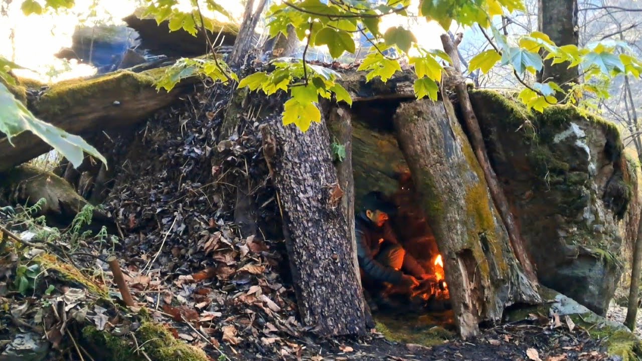 Rain Camping in Forest, Building Bushcraft Survival Shelter - YouTube
