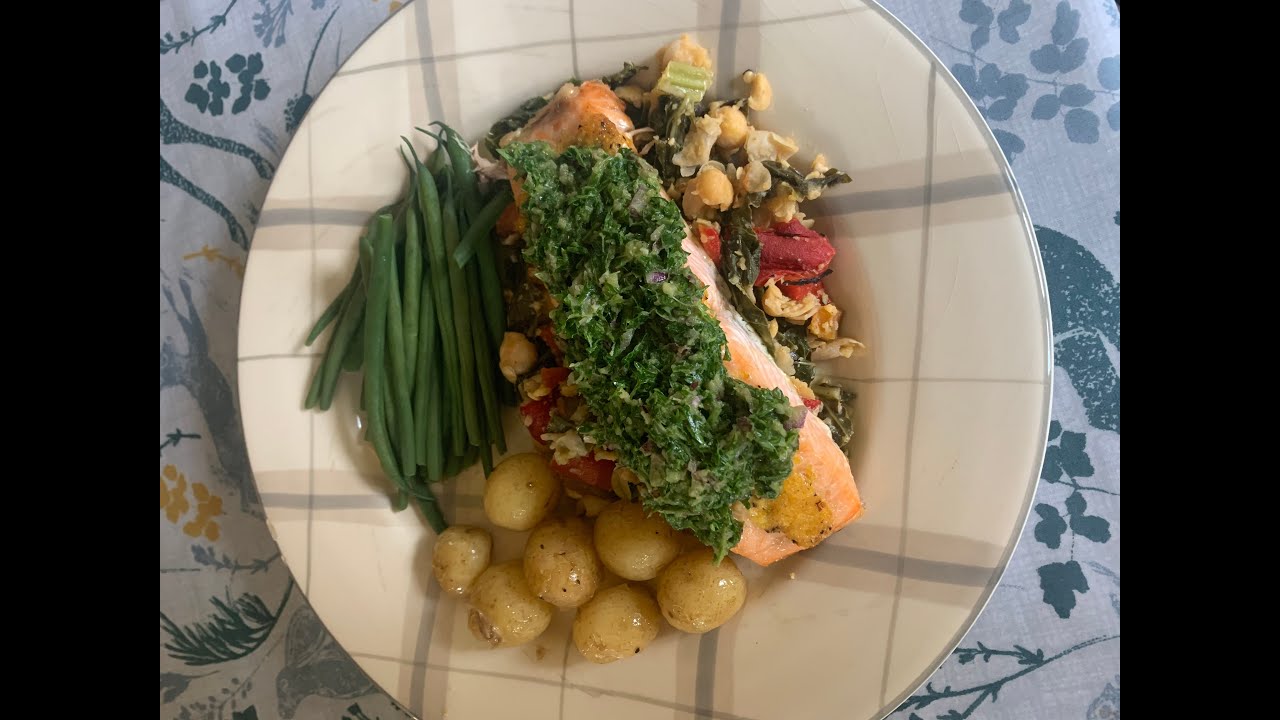 Salsa verde salmon with smashed chickpea salad YouTube