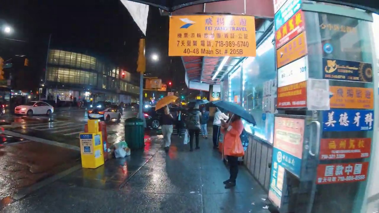 Downtown Flushing, NYC Rain Walk | Roosevelt Ave, Main Street, 39th Ave (Cyberpunk Vibes) - ASMR