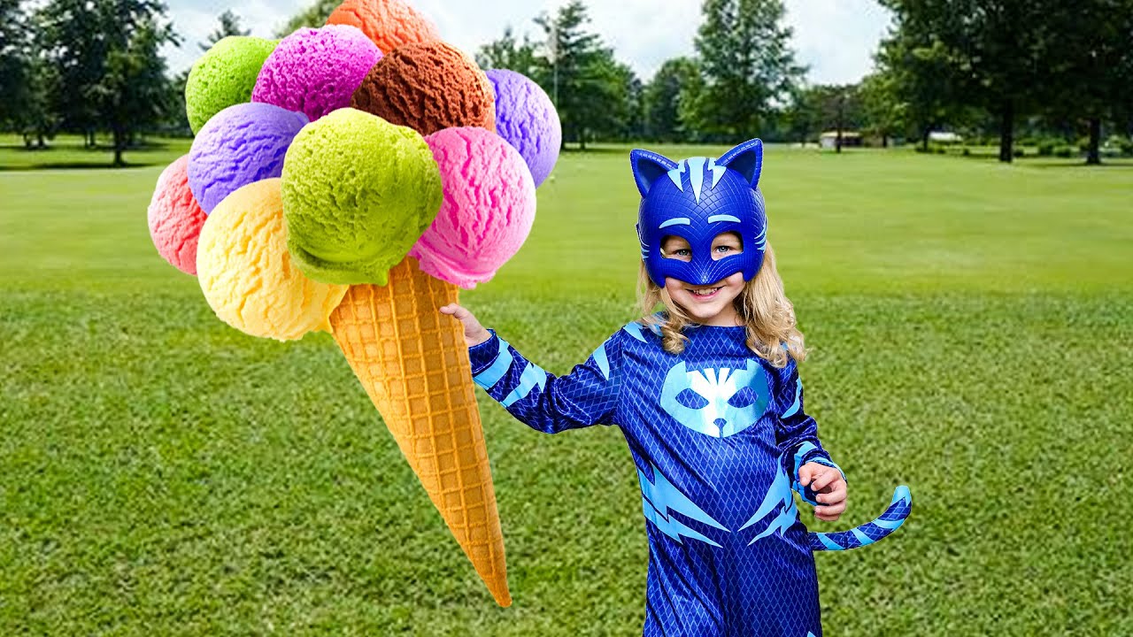 Little Panda Pretend Play Selling Ice Cream and becomes a Masked Superhero!