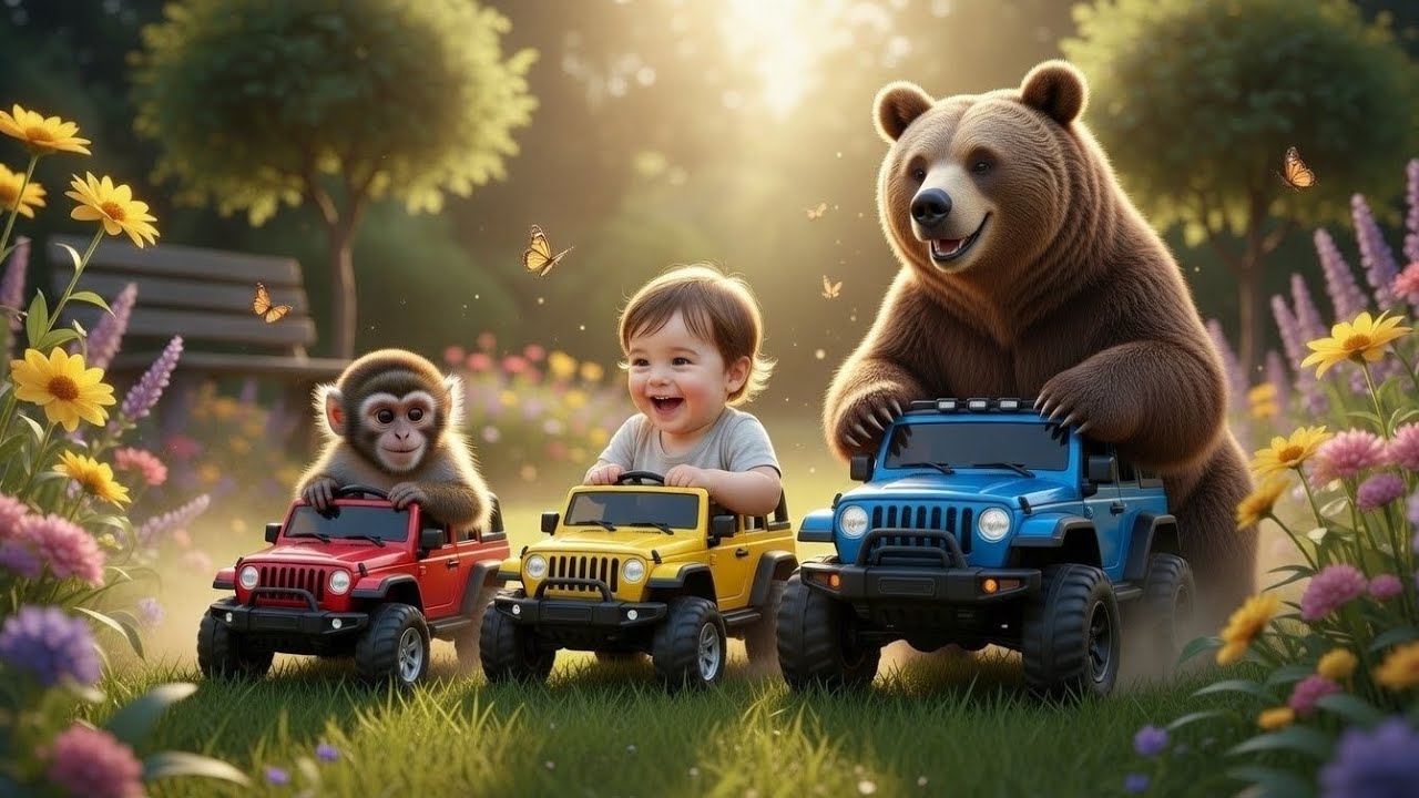 A Cute Baby Playing together Monkey and Bear.mp4