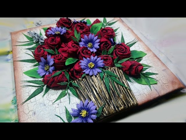 3D Textured Roses in a Vase Mixed Media Art on Canvas Tutorial DIY