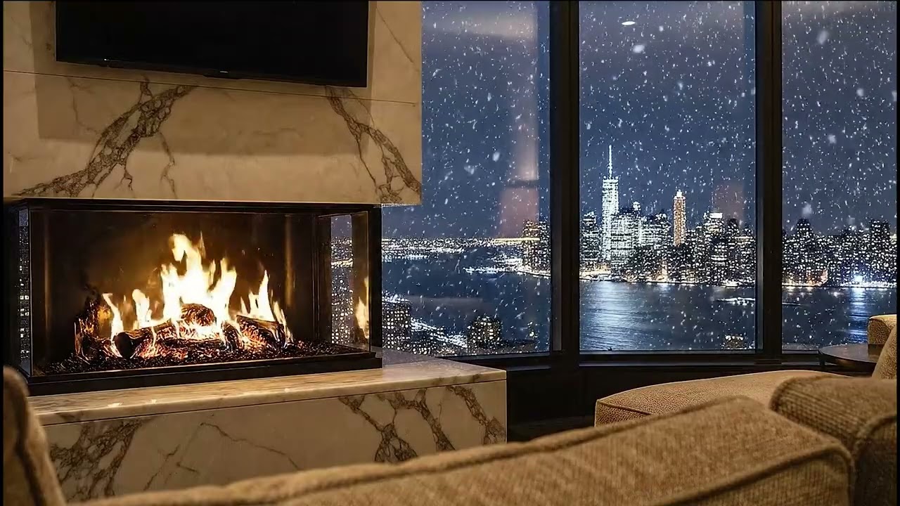 Crackling Fireplace Cozy Snowy NYC Night View  No Music Fire Sounds Only 8 Hours