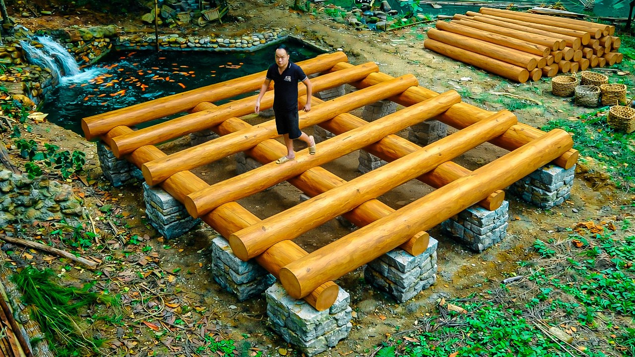 Alone in the Wild: Man Cuts Huge Logs and Builds a Powerful Stone Base for His Dream Home | Part 1