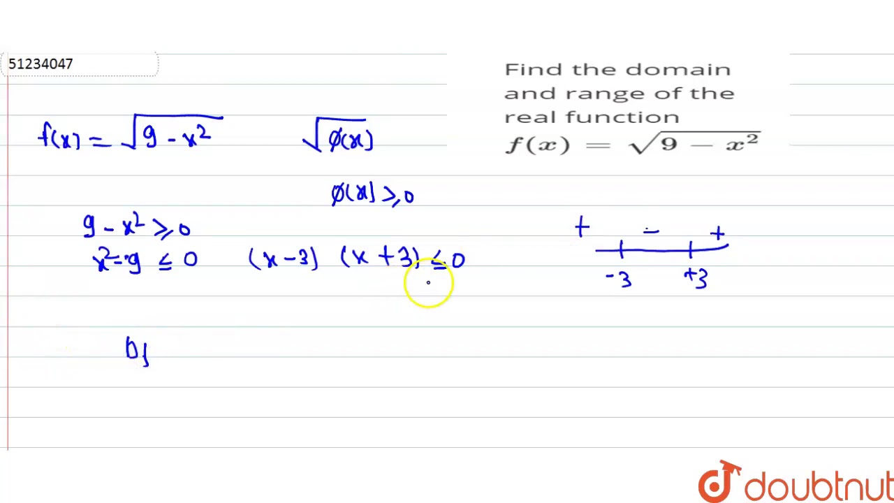 Find The Domain And Range Of The Real Function F X Sqrt 9 X 2 Youtube