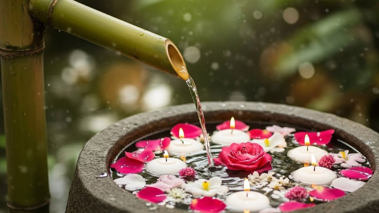 Zen Garden Waterfall Relaxing Music with Floating Candles & Flowers