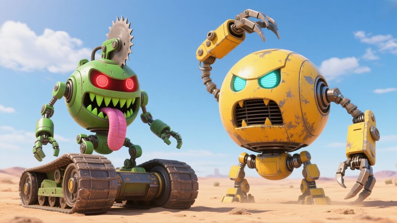 Pacman and Chain Chomp Escape a Giant Robot with Gladiator Robot