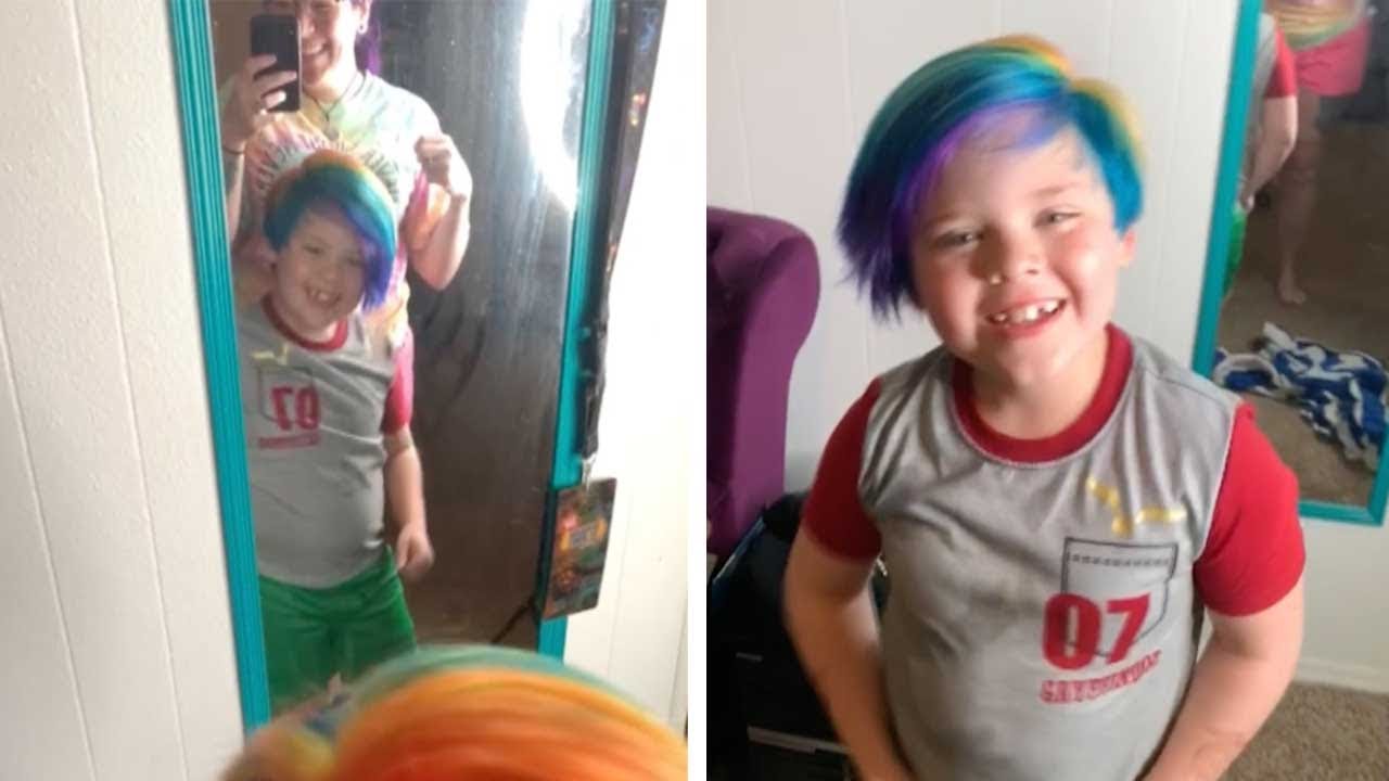 Boy Sees New Rainbow Hair For First Time - YouTube