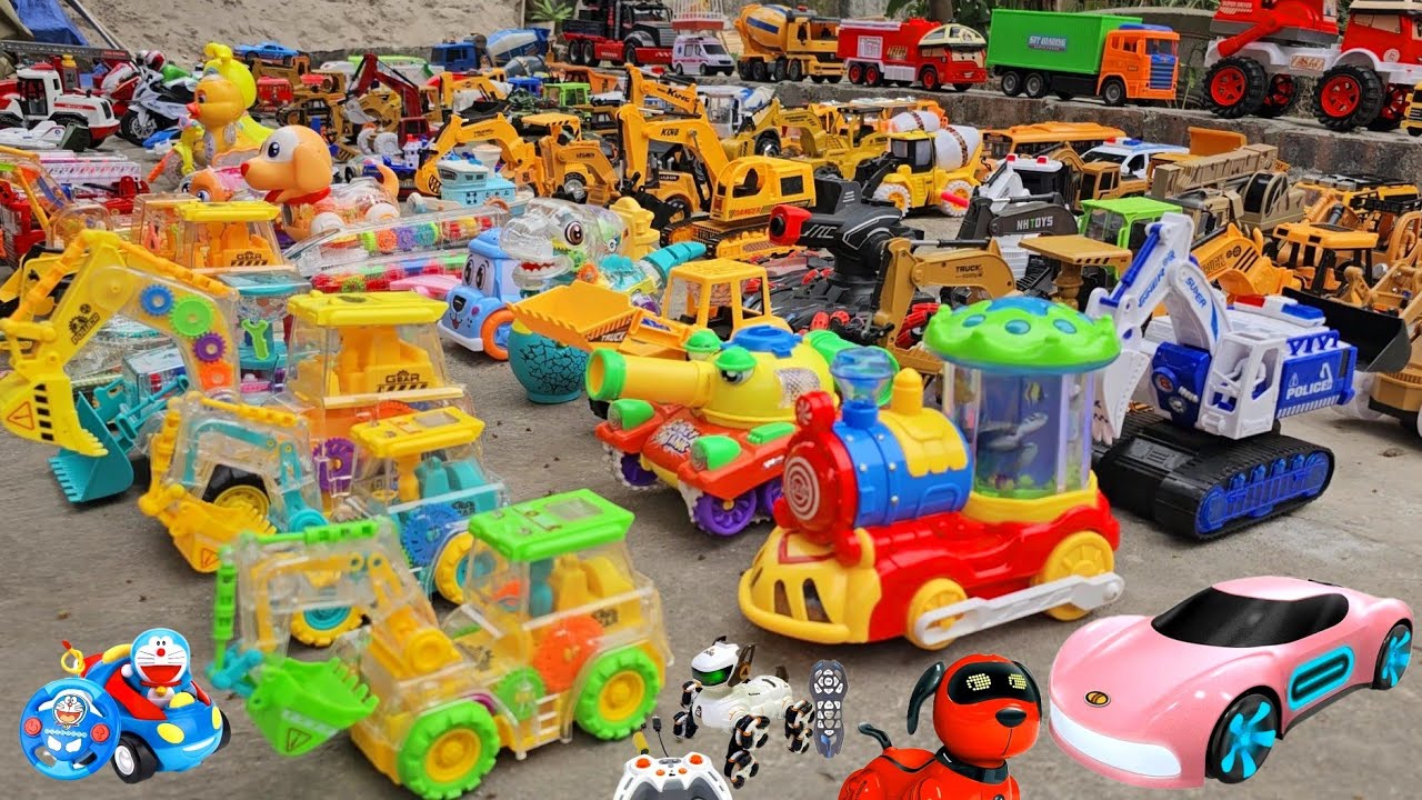 Unboxing transparent gear fire truck, remote control RC city bus, large police car, spray train