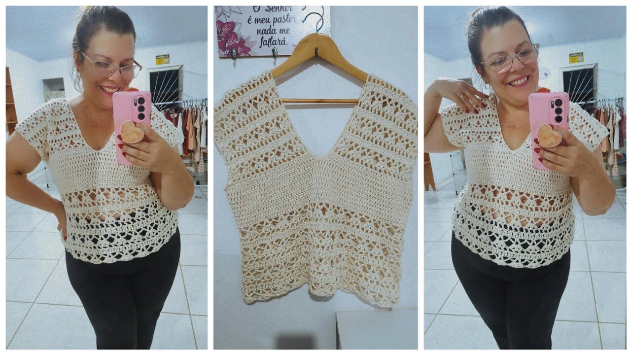Faça uma blusa de crochê fácil em 3 passos- Blusa Dominique