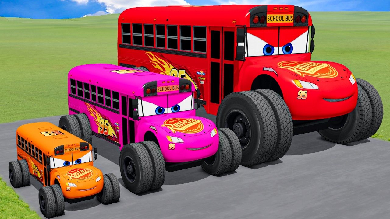 Big & Small Color School Bus Lightning Mcqueen vs Train Thomas | BeamNG.Drive