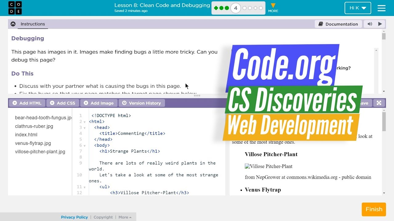 Clean Code and Debugging HTML - Lesson 8.4 Code.org Web Development C.S ...