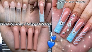 BLUE SPRING POLYGEL NAILS💙 3D FLOWER NAIL DESIGN + GLITTER FRENCH TIPS | Nail Tutorial