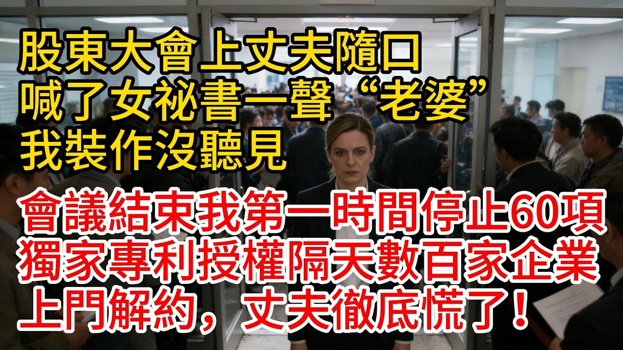股東大會上，丈夫隨口喊了女祕書一聲“老婆”，我裝作沒聽見，會議結束我第一時間停止60項獨家專利授權，隔天數百家企業上門解約，丈夫徹底慌了#故事頻道 #愛情紀錄 #情感 #小说 #爲人處世