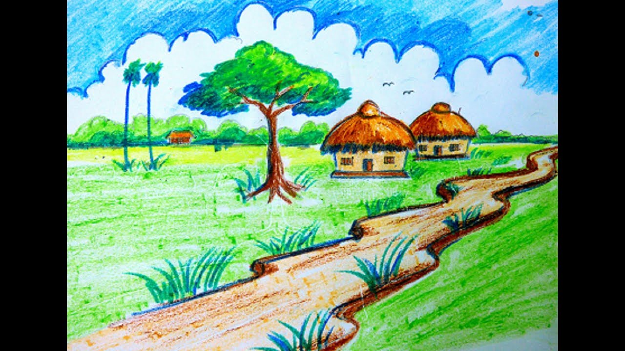 How to draw village scenery with oil pastel color step by step for Kids ...