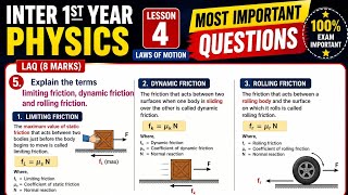 Inter 1st Year Physics Lesson 4 | Limiting Friction, Dynamic Friction & Rolling Friction | Most Impo
