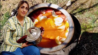 Nomadic Life Style | Cooking Abgoosht (Broth) with lamb meat &amp; fresh bread on sadj