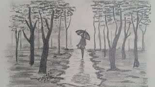 رسم فتاة تحمل مظلة ومطر منظر طبيعي سهل للمبتدئين بااقلام الرصاص  منظر_طبيعي_سهل  قناة_القلم_الذهبي
