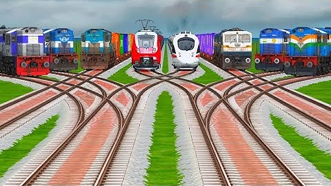 Eight Trains Crossing By Bumpy Branched Railroad Tracks - train train - train simulator classic game