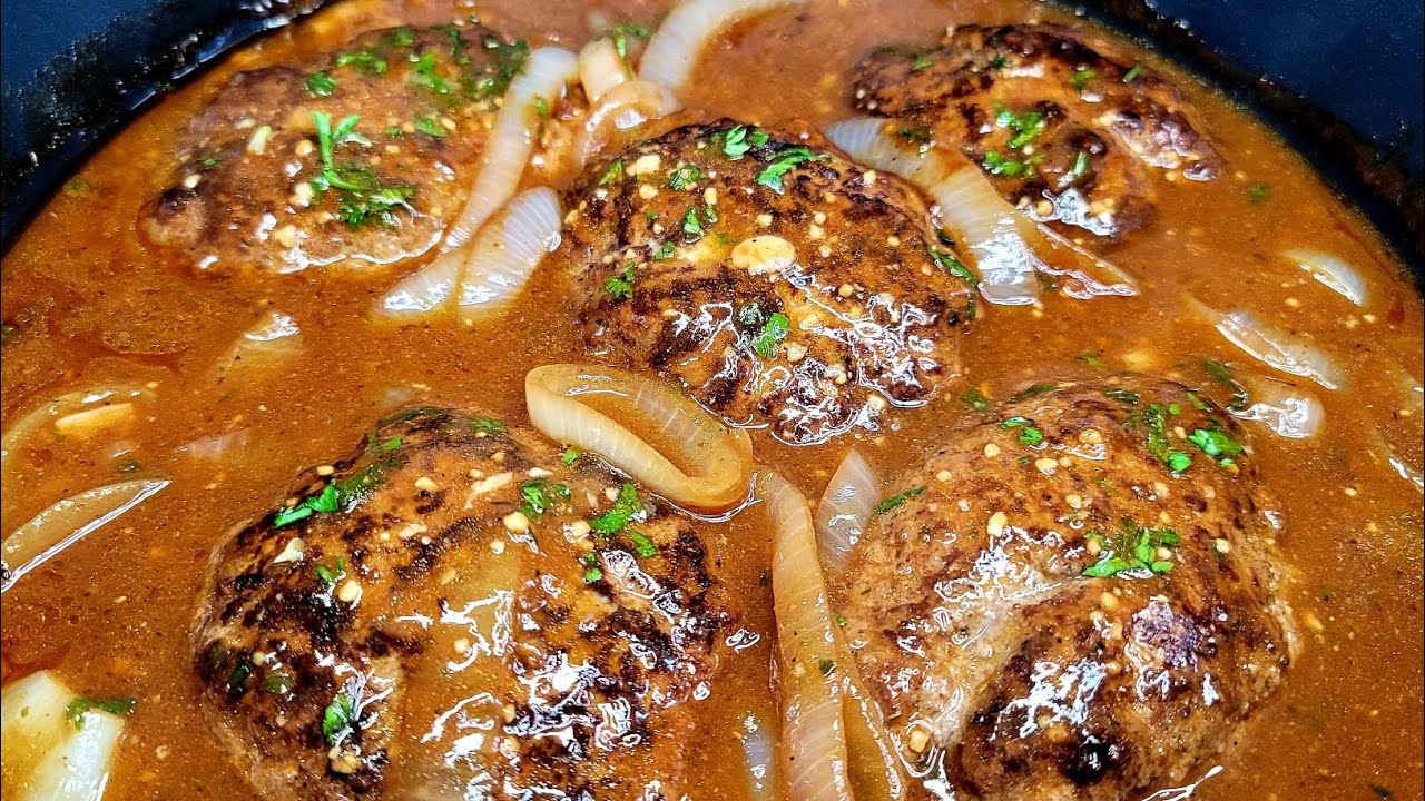 Salisbury steaks with brown onion gravy recipe YouTube