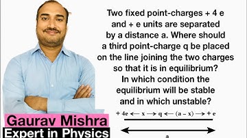 Two fixed point-charges + 4 e and + e units are separated by a distance a. Where should  third point