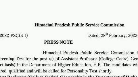 Result of Screening Test for the post (s) of Assistant Professor (College Cadre)