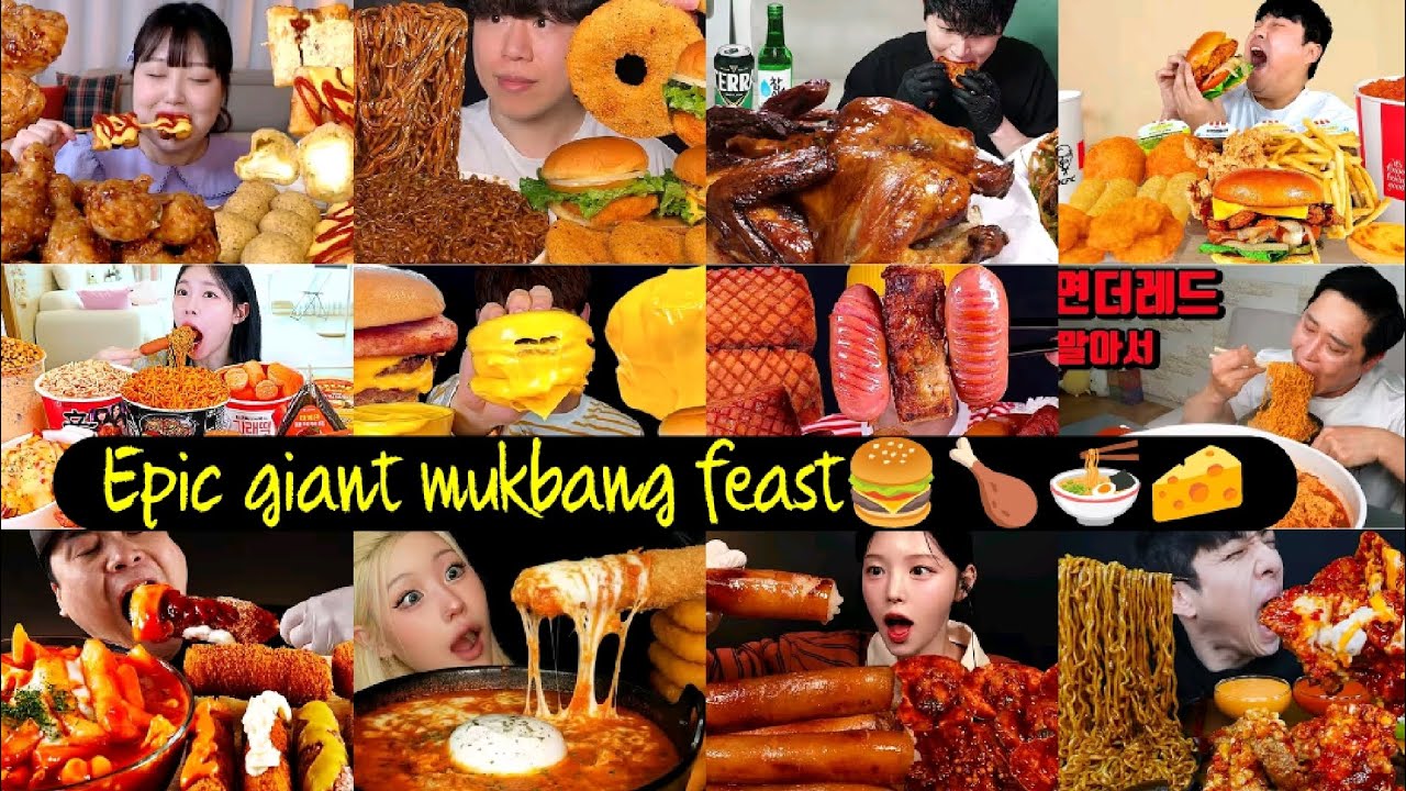 EPIC GIANT MUKBANG FEAST 🍟🍗BURGER,KOREAN FRIED CHICKEN & SPICY NOODLES COMBO!