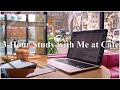 3 hours study with me cafe coffee shop ambiance background noise fire sound 4k mindful studying