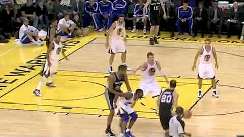Manu Ginobili bounce assist Tim Duncan in the pick and roll for the dunk vs Golden State Warriors