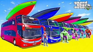 SPIDERMAN BUSES Jump Challenge on Sea Mega Rampa! Team Spiderman VS Team Hulk with Buses and Boats