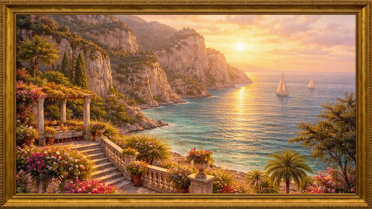 Mediterranean Terrace at Sunset | 4K Framed Art Screensaver | 2 Hours Silent Painting for Your TV