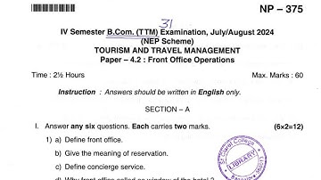 B.Com 4th Semester Tourism and Travel Management Question paper 2024-25 || Front office operations