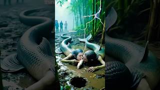 A beautiful mermaid sitting in the middle of gentle river waves gracefully moving her