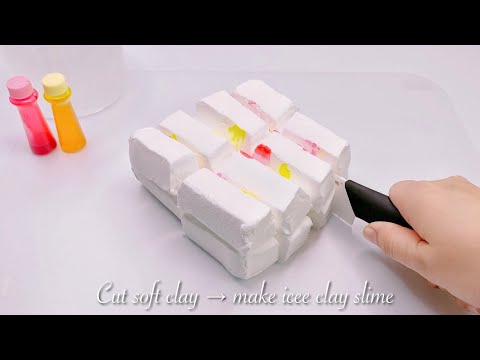 【ASMR】🍑紙粘土を切ってアイシースライムと混ぜる🍦【音フェチ】Cut soft clay→make icee clay slime 부드러운 점토 자르기 → 아이스크림 슬라임 만들기