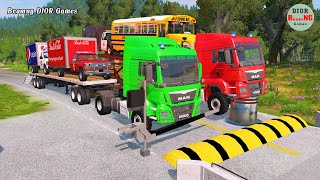 Double Flatbed Trailer Truck cars vs rails tractor vs train cars vs bollards Beamng Drive 801