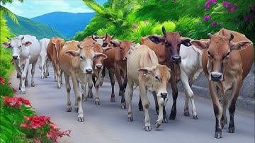 Sapi lembu jinak berjalan melewati jalan desa di pagi hari, suara sapi Moo memanggil kawan