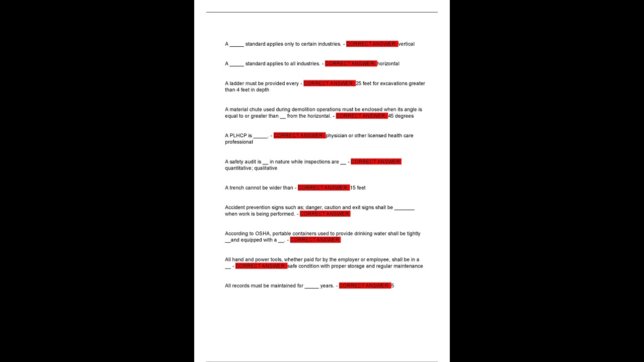 OSHA 510 Exam Latest Update Actual Exam from Credible Sources with 175 Questions and Verified Correc