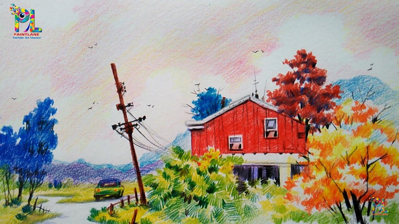 Colored Landscape Painting Drawing - Drawing Skill