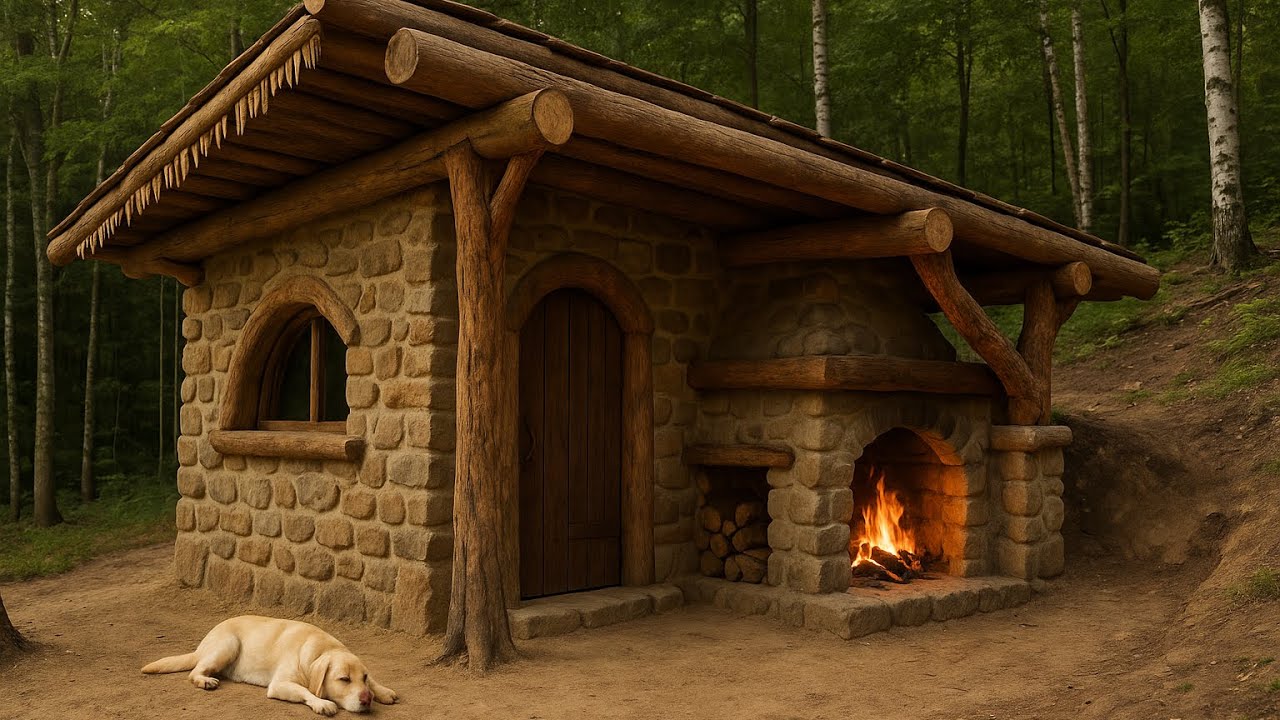 The process of building a warm bushcraft shelter for survival in the ...