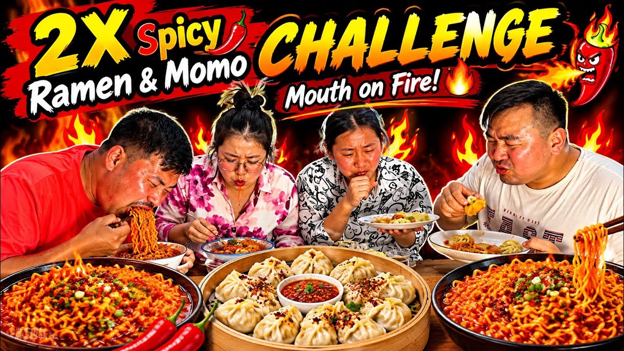 🌶️ 2X Spicy Ramen & Giant Momo Challenge – Mouth on Fire