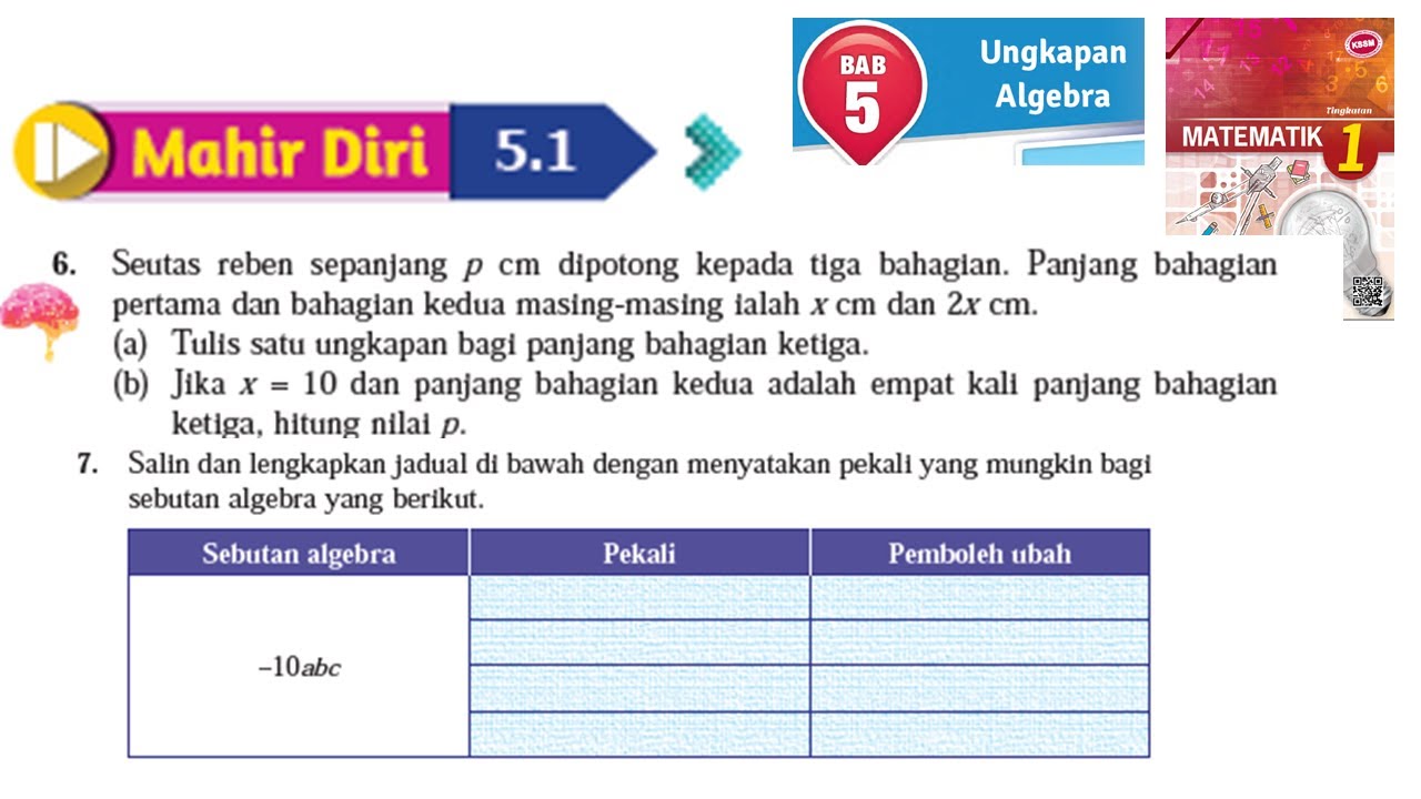 KSSM Matematik Tingkatan 1 Bab 5 ungkapan algebra mahir diri 5.1 no6