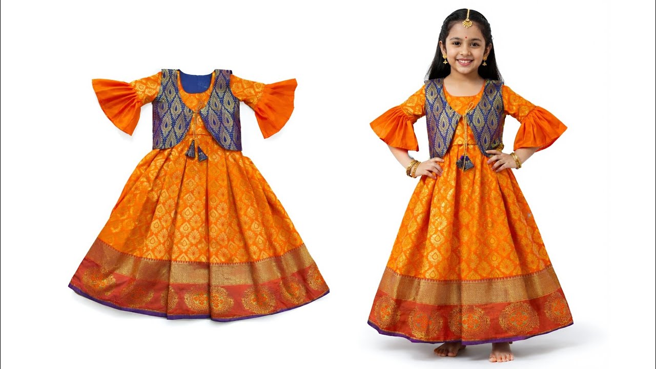 7 ते 8 वर्षाच्या मुलीसाठी काठपदर साडी पासून वन पीस कटिंग व शिलाई 