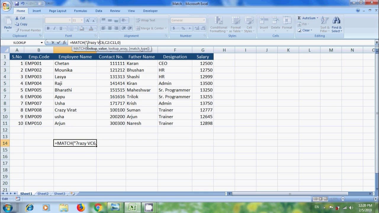 Excel 2007: how to use match function in excel - YouTube