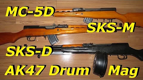 SKS-D uses AK47 mag. SKS-M, MC-5D, SKS-KD. Shooting AK drum magazine at end screen