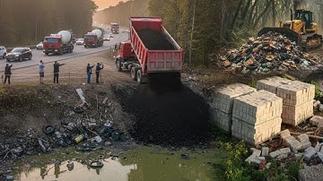 First Start a New Project!! landfill by team dump truck with skill dozer push soil clearing forest