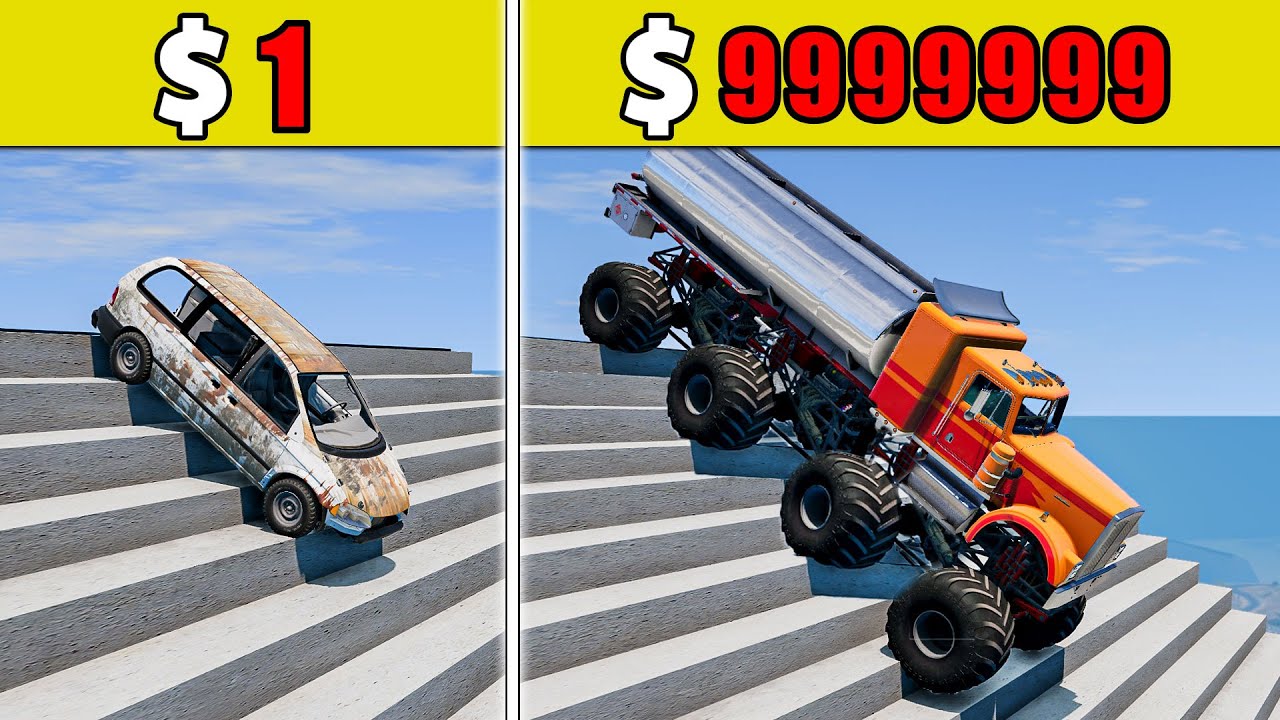 $1 vs $1,000,000丨Cars VS Stairs VS Roller Coaster Bridge VS SpeedBump #32 - BeamNG.Drive Challenge
